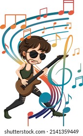 A little boy playing guitar with music notes on white background illustration