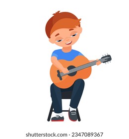 Little boy playing guitar. Musical children, school concert artist vector cartoon illustration