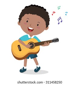 Little boy playing guitar. Vector illustration of a cheerful boy playing guitar and singing.