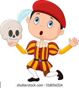 Little Boy Playing Hamlet In A School Play, Holding A Skull