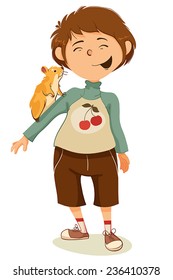 Little boy playing with a hamster.