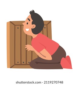 Little Boy Playing Hide and Seek Concealing Behind Wooden Crate Vector Illustration