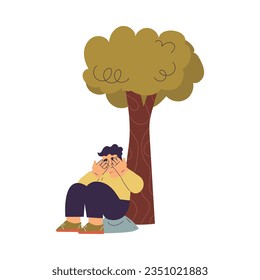 Niño pequeño jugando a ocultar y buscar sentarse cerca del árbol y contando con una ilustración de vectores cerrados de ojos