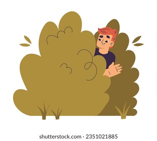 Niño pequeño jugando al escondite y buscando un juego sentado detrás de la ilustración del vector Bush