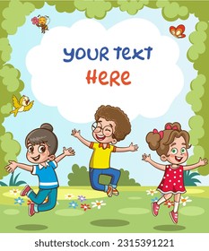 little boy playing with his friend in nature and feeling happy.Template for advertising brochure. We are ready for your message. Space for text. Funny cartoon character. vector illustration