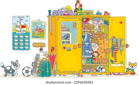 Little boy playing with his funny cat hide and seek in a large closet full of clothes, shoes, other things and toys in a home hallway, vector cartoon illustration isolated on a white background