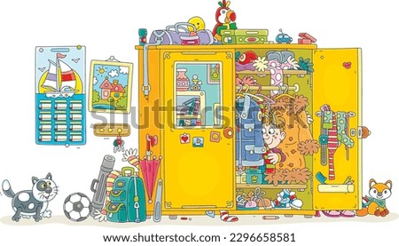 Little boy playing with his funny cat hide and seek in a large closet full of clothes, shoes, other things and toys in a home hallway, vector cartoon illustration isolated on a white background