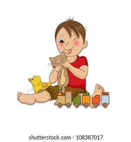 little boy are playing with his toys