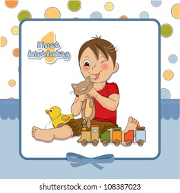 little boy are playing with his toys on his first birthday