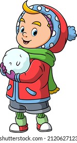 The little boy is playing and holding the snow ball with the hand