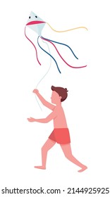 Little boy playing with kite on beach semi flat color vector character. Running figure. Full body person on white. Simple cartoon style illustration for web graphic design and animation