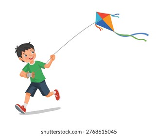 Little boy playing kite running holding the line flying the kite
