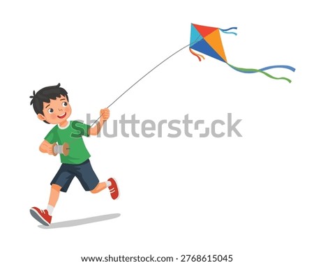 Little boy playing kite running holding the line flying the kite