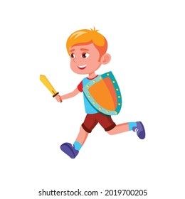 little boy playing knight with sword and shield cartoon vector. little boy playing knight with sword and shield character. isolated flat cartoon illustration