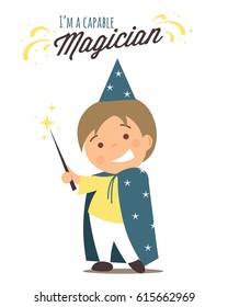 Little boy playing a Magician. T-shirt design. Funny character