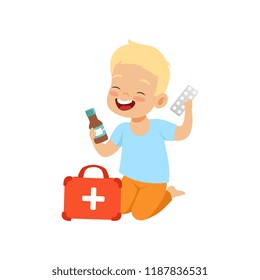 Little boy playing with medical supplies, kid in dangerous situation vector Illustration on a white background