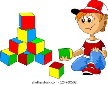 little boy playing with multicolored cubes (vector illustration);