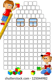 little boy playing with multicolored cubes (vector illustration);