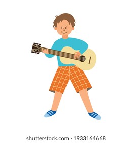Little boy playing music on guitar flat vector illustration isolated on white background. Musical education and creative development for children concept.