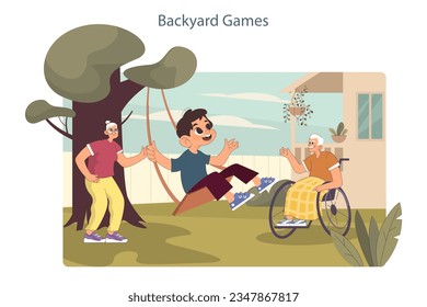 Little boy playing on the backyard. Child enjoying summer holidays with grandparents. Active outside leisure. Kid having fun outdoors playing on the playground. Flat vector illustration