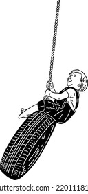 Little Boy Playing On Tire Swing Hand Drawn Line Art Illustration