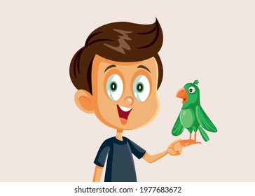 Little Boy Playing with Pet Parrot Vector Illustration. Child learning responsibility by taking care of pet animal bird.
