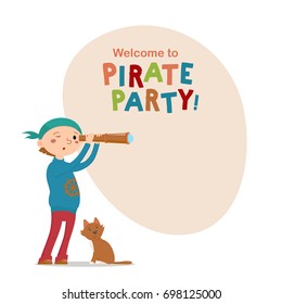 Little boy playing pirates looking into spy glass with cat and space for text, cartoon vector illustration isolated on white background. Kid boy pirate, sailor with a cat looking into telescope