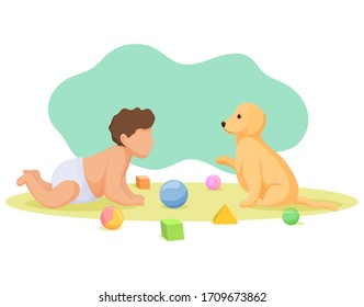 Little boy playing with the puppy. Best friends. Vector illustration.