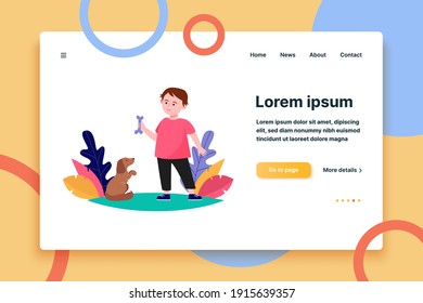 Little boy playing with puppy on nature. Dog, friend, bone flat vector illustration. Animal and childhood concept for banner, website design or landing web page