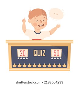 Little Boy Playing Quiz Game or Mind Sport Standing at Press Button Answering Question Vector Illustration