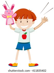 Little boy playing rabbit puppet illustration