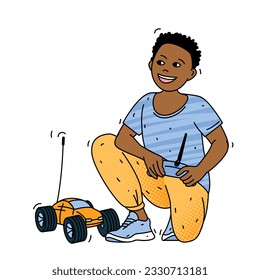 Little boy playing with a remote-controlled car toy. Flat vector cartoon character illustration.