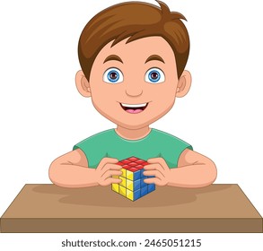 Niño jugando al cubo de Rubik dibujos animados