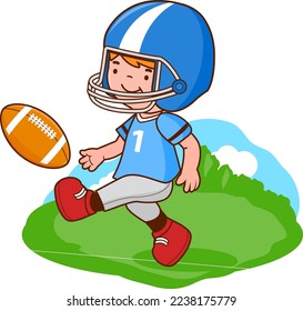 Little boy playing rugby. American football player. Vector illustration.