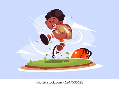 Little boy playing rugby outside vector illustration. Piccaninny rugger player running across field flat style concept. Blue sky and clouds on background