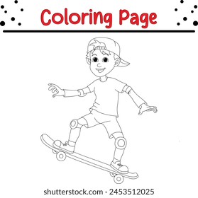 little boy playing skateboard coloring book page for kids.