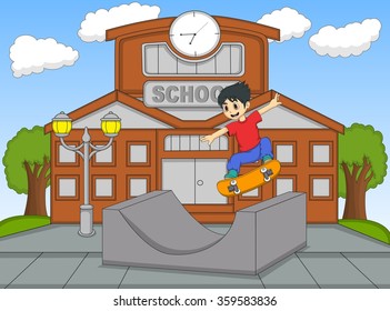 Little boy playing skateboard at the school cartoon vector illustration