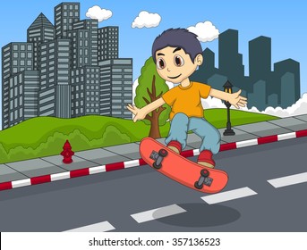 Little boy playing skateboard in the street cartoon vector illustration