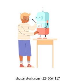 Little boy playing with smart robot, cartoon flat vector illustration isolated on white background. Kids studying robotics and building robot. Concept of school science and technology class.