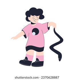 Little Boy Playing with Snake Holding It by Tail Vector Illustration