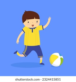 Little boy playing soccer ball. Vector illustration in flat design style.