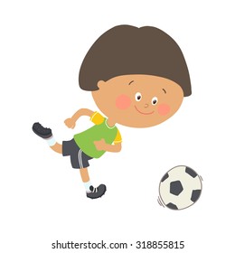 Little boy playing soccer. Child kicking football. Cute happy kid playing with a ball. Cartoon vector eps 10 illustration on white background.