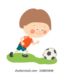 Little boy playing soccer. Child kicking football. Cute happy kid playing with a ball. Cartoon vector eps 10 illustration on white background.