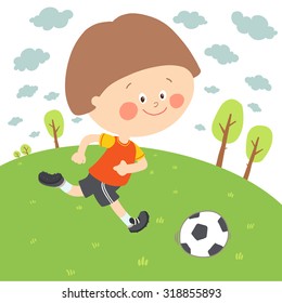 Little boy playing soccer. Child kicking football. Cute happy kid playing with a ball. Cartoon vector eps 10 illustration on white background.