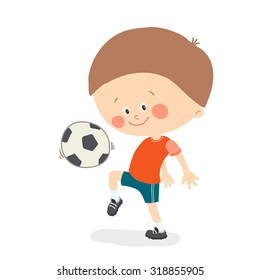 Little boy playing soccer. Child kicking football. Cute happy kid playing with a ball. Cartoon vector eps 10 illustration on white background.