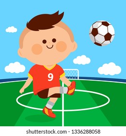 Little boy playing soccer at the football field. Vector illustration.