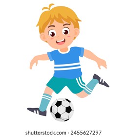 Little boy playing soccer football. Cute kids doing outdoor activity. Sport and recreation for exercise in children concept. Flat style.