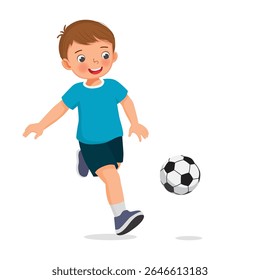 Garotinho jogando futebol chutando a bola