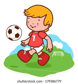 Little boy playing soccer. A happy child plays football on the football field. Vector illustration.
