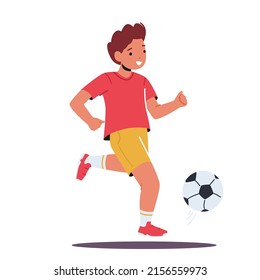 Niño pequeño jugando fútbol aislado de fondo blanco. Niños practicando juego de fútbol, prepárense para el torneo, deportista de personaje infantil usando uniforme correr con pelota. Ilustración de vectores de personas de caricatura